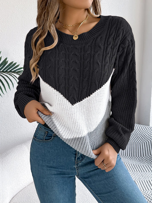 Multi-coloured Patchwork Long Sleeve Knitted Sweater for Women