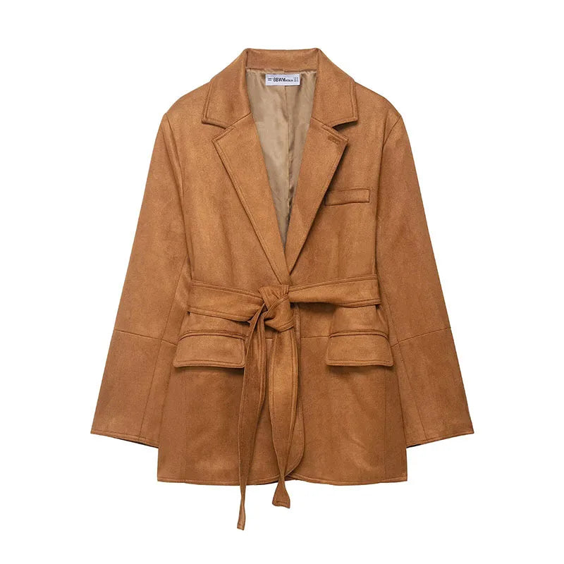 TRAFZA Women's Turn-Down Collar Belt Tie Jacket