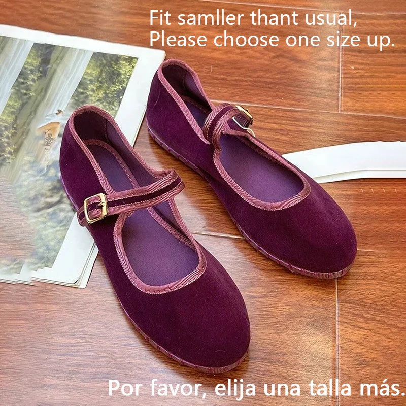 Velvet Mary Jane Flats for Women - Hand-Stitched Casual Shoes