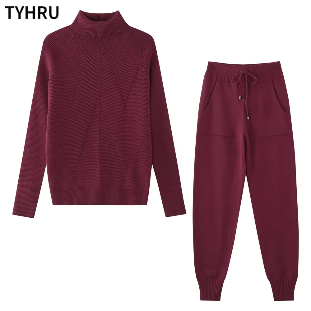 TYHRU Women's Striped Turtleneck Sweater & Drawstring Pants Set