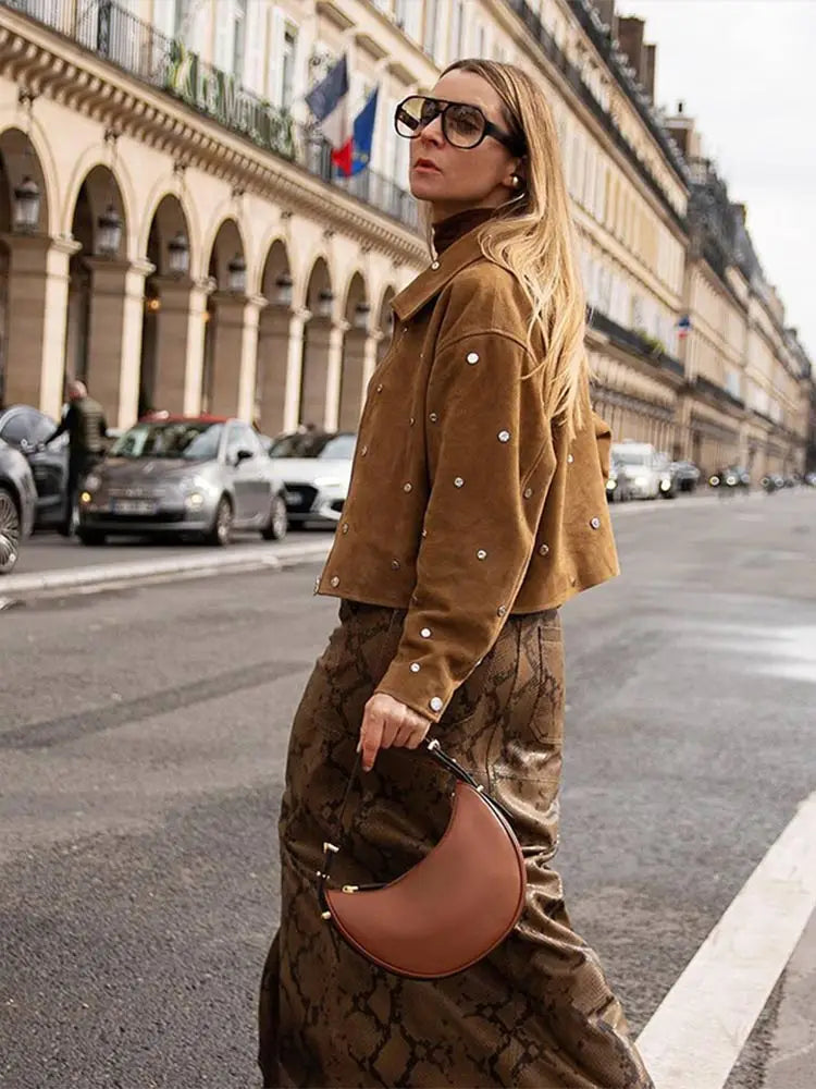 Stylish Women’s Faux Suede Rivet Lapel Zipper Jacket