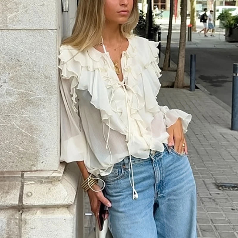 Women's Lace-Up Ruffled V-Neck Long Sleeve Sheer Blouse