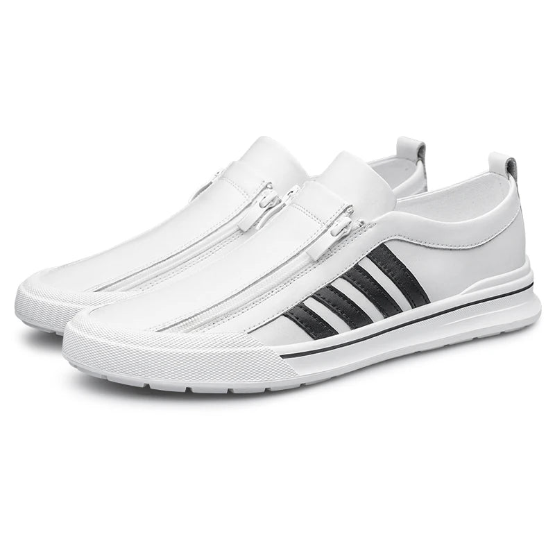 Men's Genuine Leather Zipper Flat Sneakers - Stylish Comfortable Casual Footwear