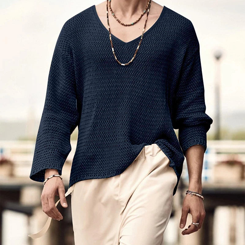 Men's Knit V-Neck Long Sleeve Hollow Out Loose Fit Sweater