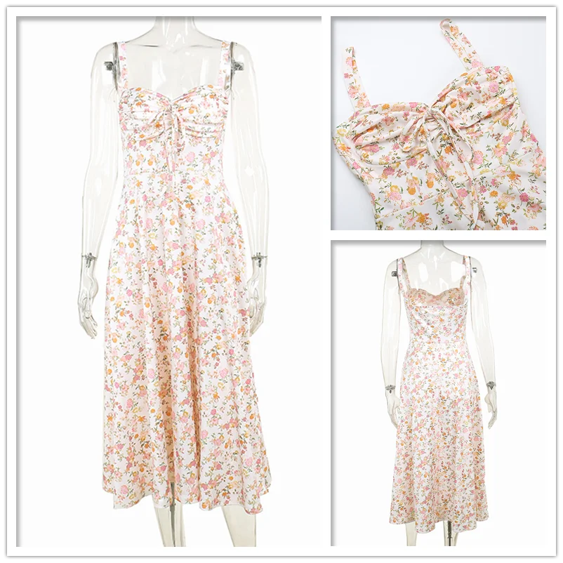 Women's Floral Print Sleeveless Bodycon Dress with Spaghetti Straps and Split