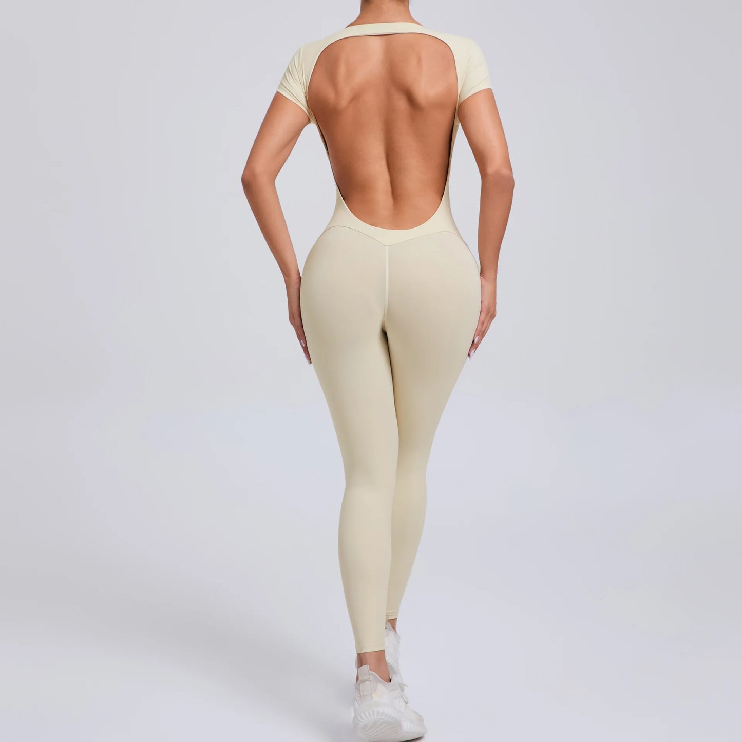 Women's Padded Short Sleeve One-Piece Jumpsuit - Quick-Dry, Backless Sports Suit for Active Fitness