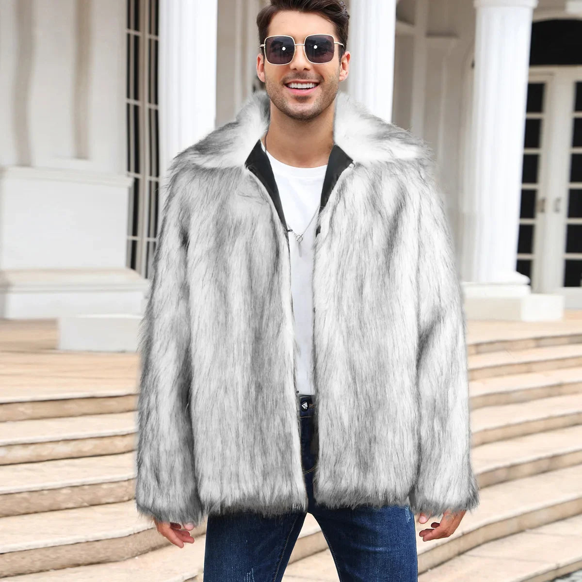 Men's Thick Fluffy Faux Fur Coat with Long Sleeves