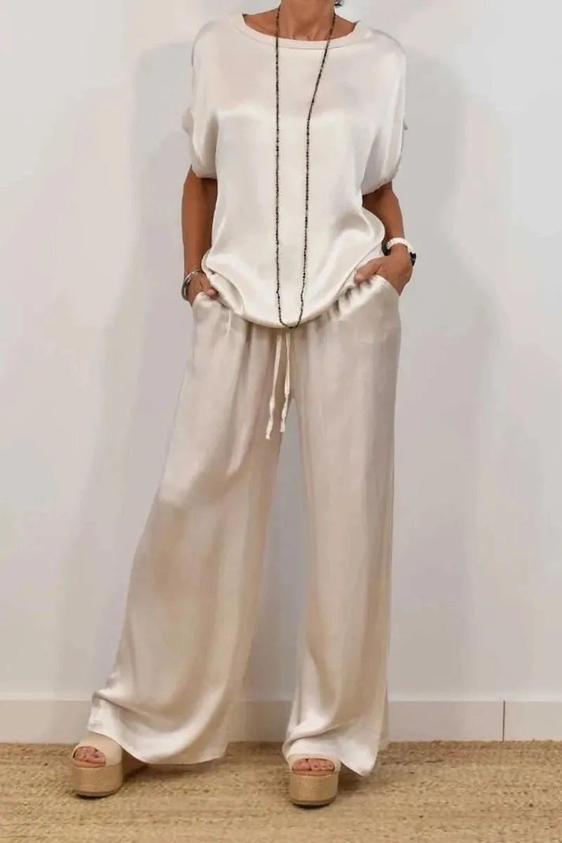 Women's Smooth Satin Two-Piece Set: Short Sleeve Top & Wide Leg Pants