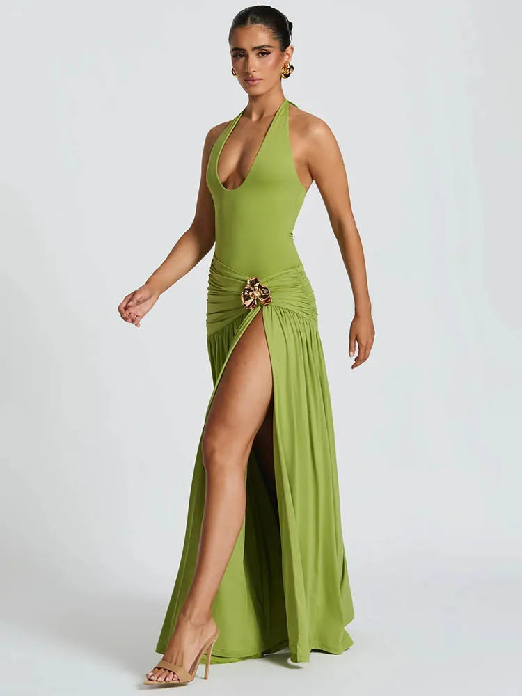 Elegant Two Piece Backless Maxi Dress for Women - Halter Neck, Ruched Design, Side Split Evening Gown