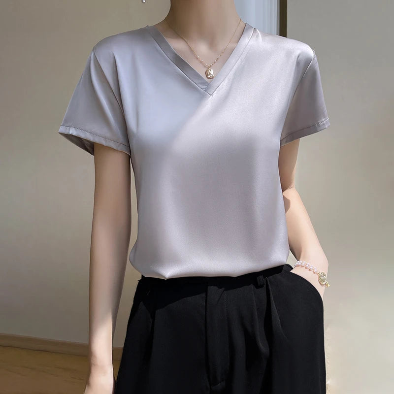 Elegant Women's Satin Silk V-Neck Short Sleeve Blouse