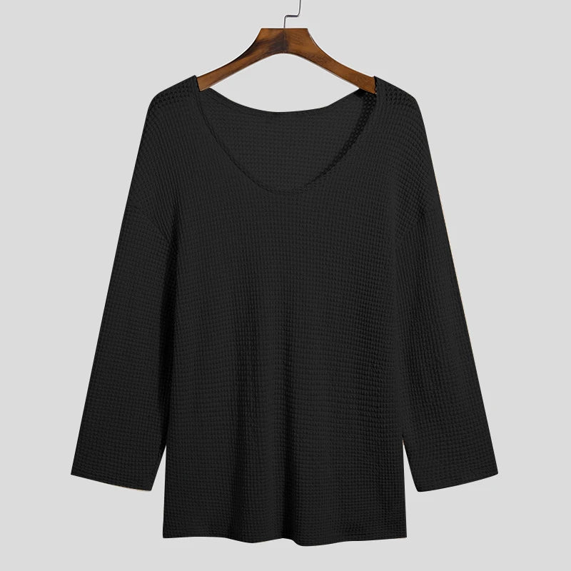 Men's Knit V-Neck Long Sleeve Hollow Out Loose Fit Sweater