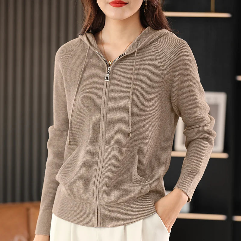 Women's Wool Blend Hoodie Sweater - Thick Knitted Zipper Cardigan with Hood
