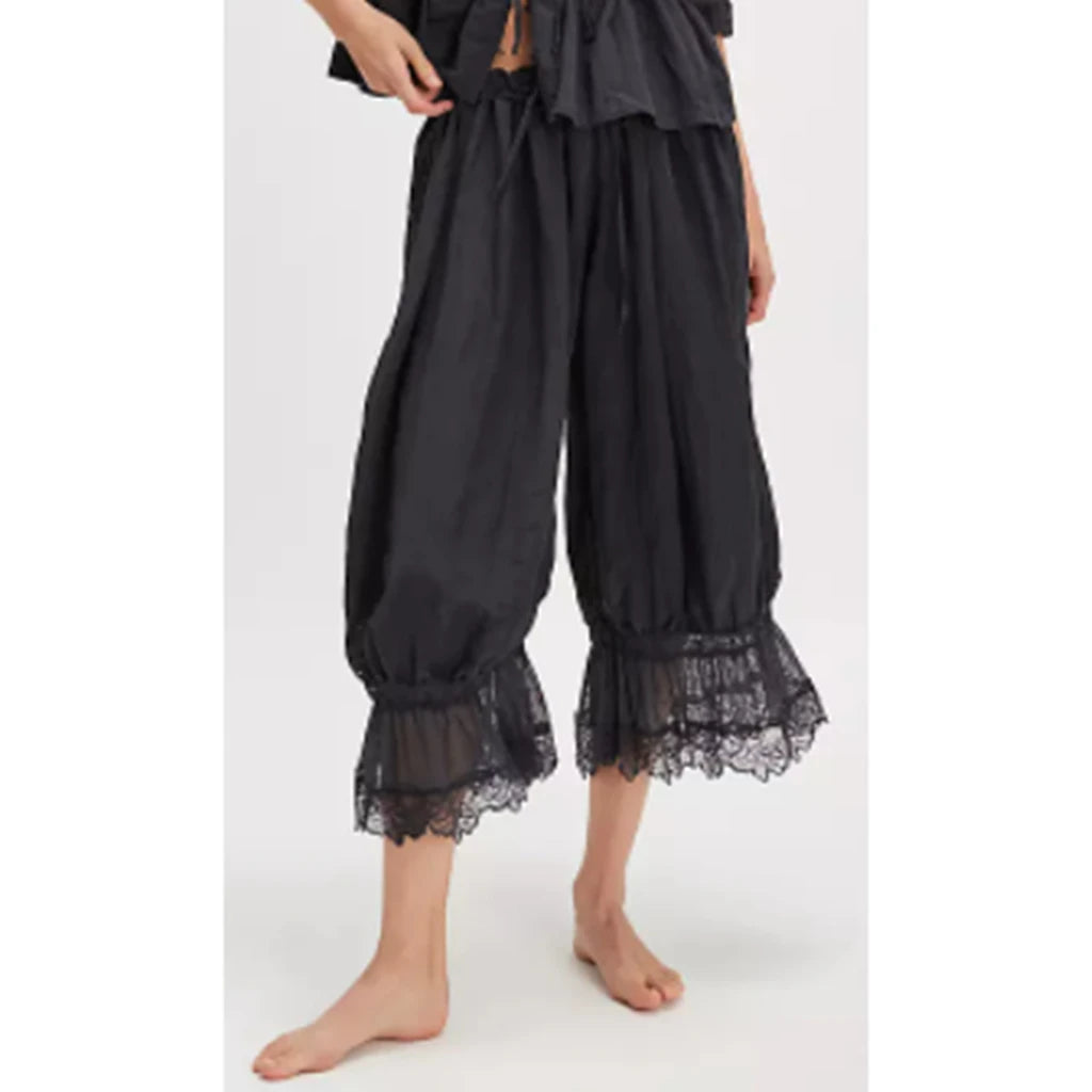Women's Floral Lace Loose Fit Cropped Pants - High Waist Drawstring Calf-Length Lantern Bloomers