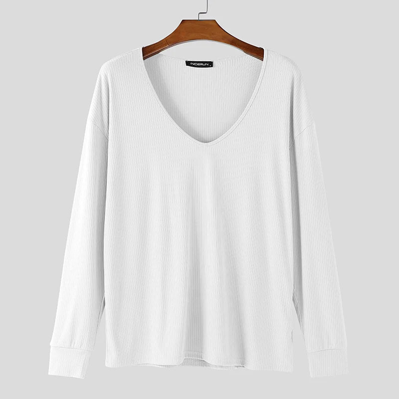 INCERUN Men's V-Neck Long Sleeve Knitted Sweater
