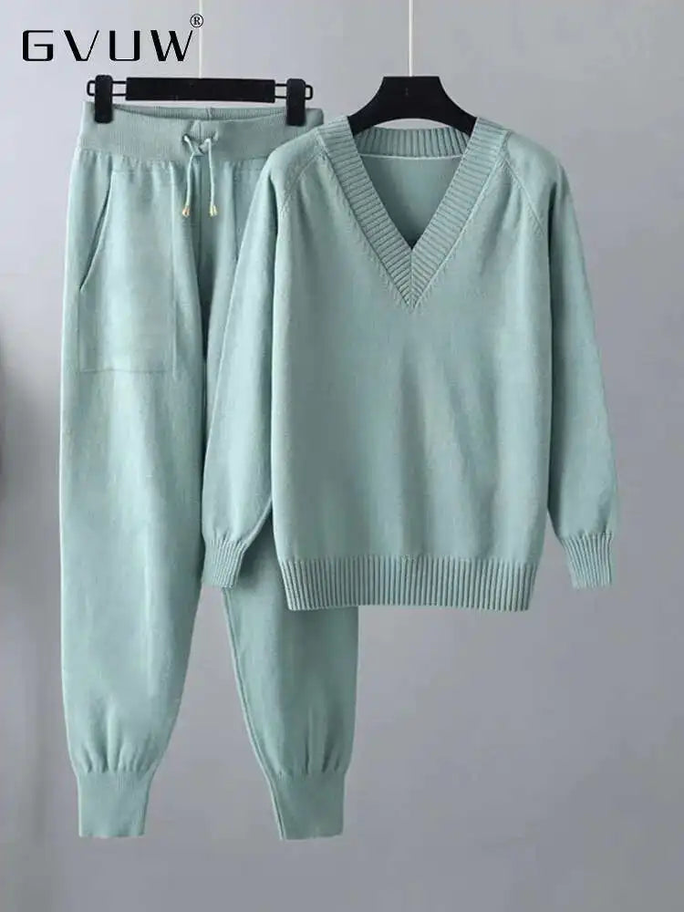 GVUW Women's Knitted 2-Piece Set – V-Neck Full Sleeve Sweater & Pencil Pants