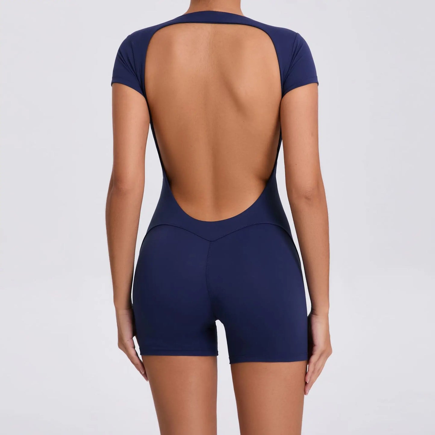 Women's Padded Short Sleeve One-Piece Jumpsuit - Quick-Dry, Backless Sports Suit for Active Fitness