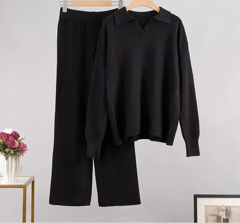 Women's Thick Knitted 2 Piece Set: Soft Polo Neck Sweater & Wide Leg Pants