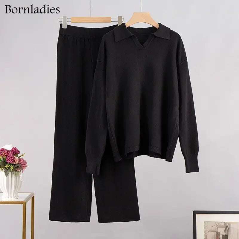 Women's Thick Knitted 2 Piece Set: Soft Polo Neck Sweater & Wide Leg Pants