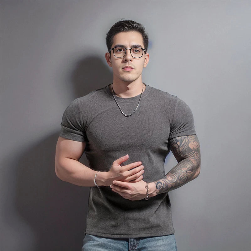 Men's Short Sleeve T-Shirt with Half High Collar – Slim Fit Casual Top for Men