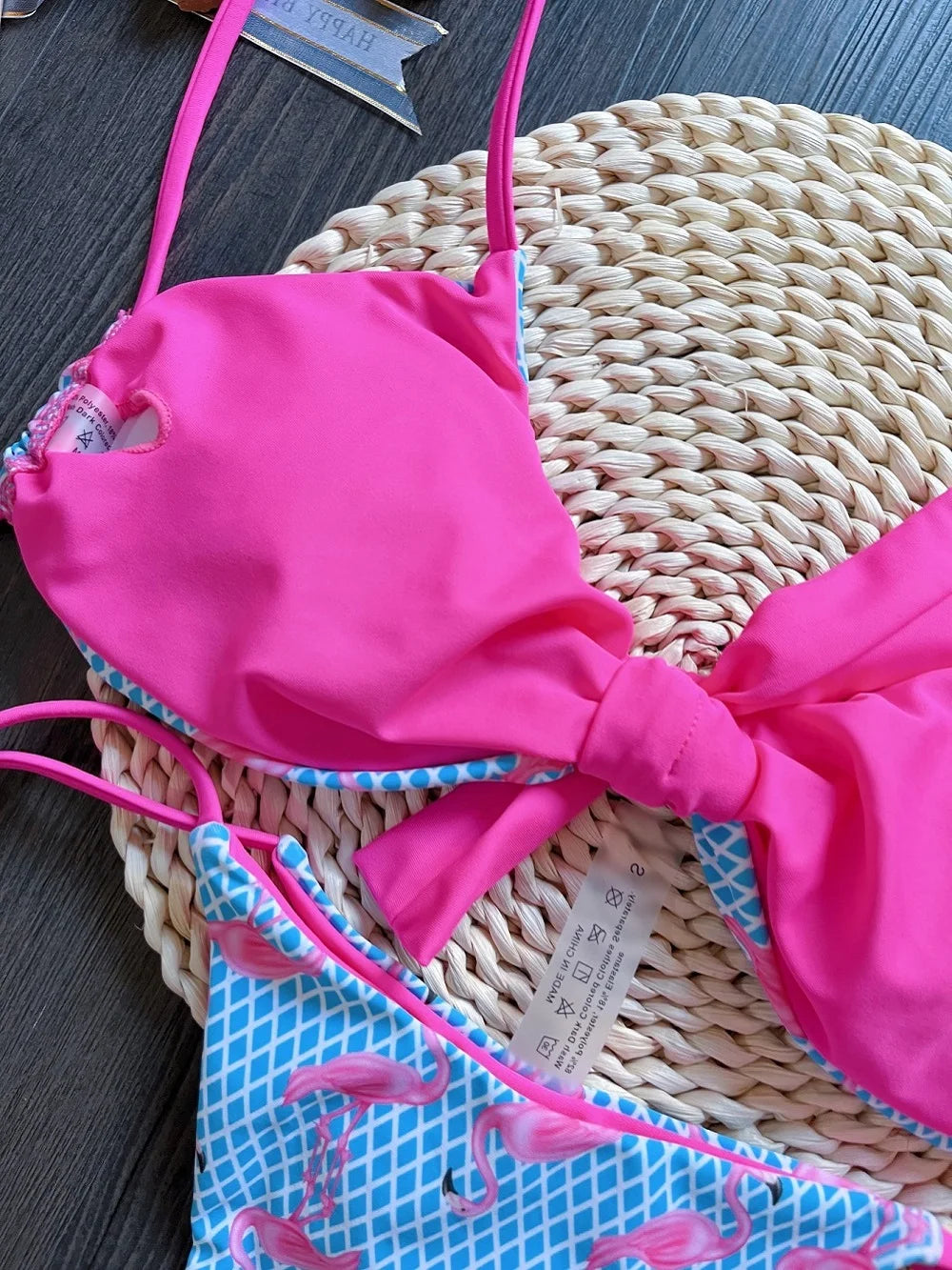 Women's Grid Flamingo Print Two-Piece Swimwear Set with Push-Up Thong Bikini