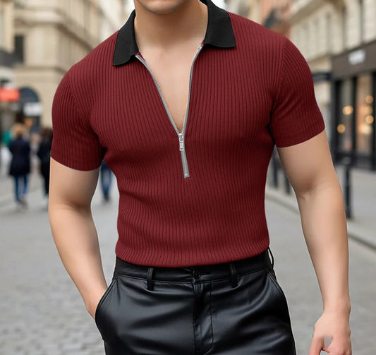 Incerun Men's Knitted T-Shirt with Lapel, Short Sleeve, and Zipper