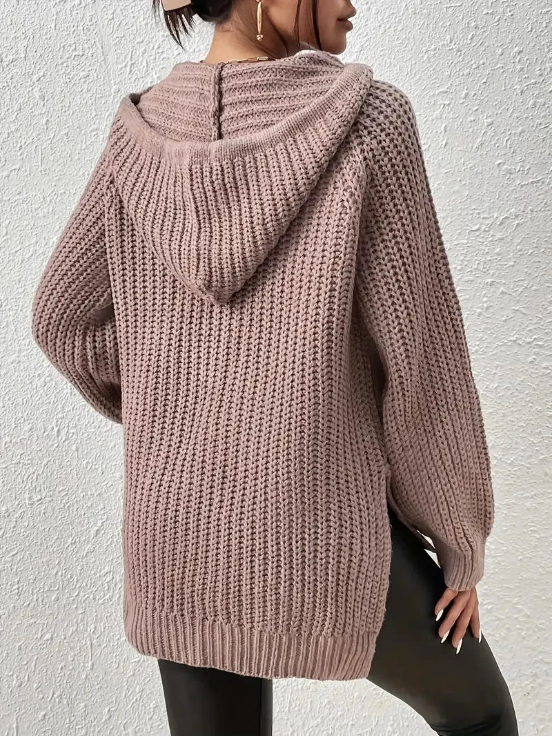 Women's Hooded Sweater with Raglan Sleeves and Split Hem Design