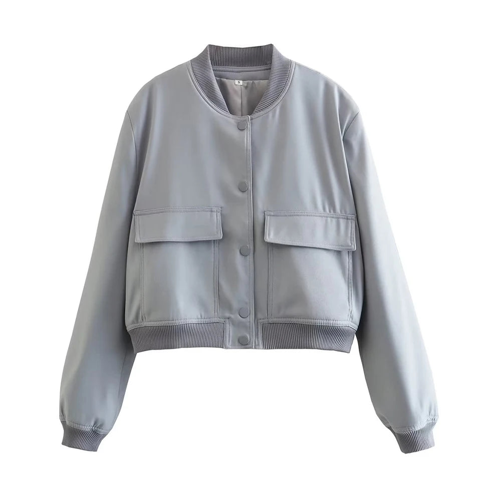 TRAF Long Sleeve Women's Front Button Jacket with Vintage Style and Pockets