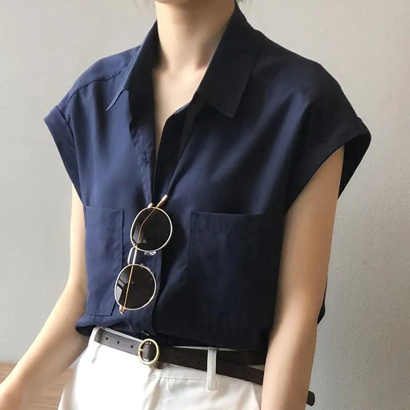 Women's Loose-Fitting Short Sleeve Shirt Blouse with Thin Style Lapel and Pocket