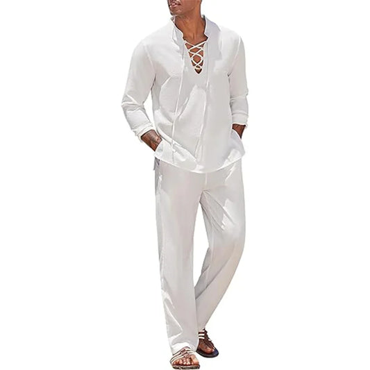 Two Piece Men's Cotton Linen Shirt and Pants Set