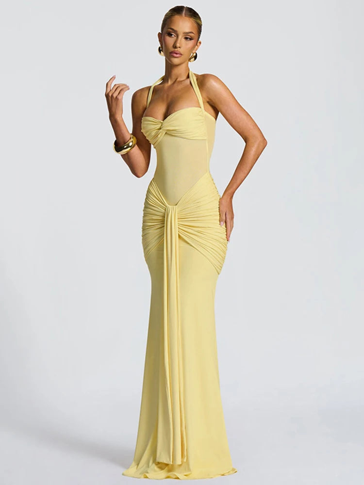 Elegant Women's Patchwork Maxi Dress with Sheer Ribbons, Halter Neck, Backless Bodycon Design