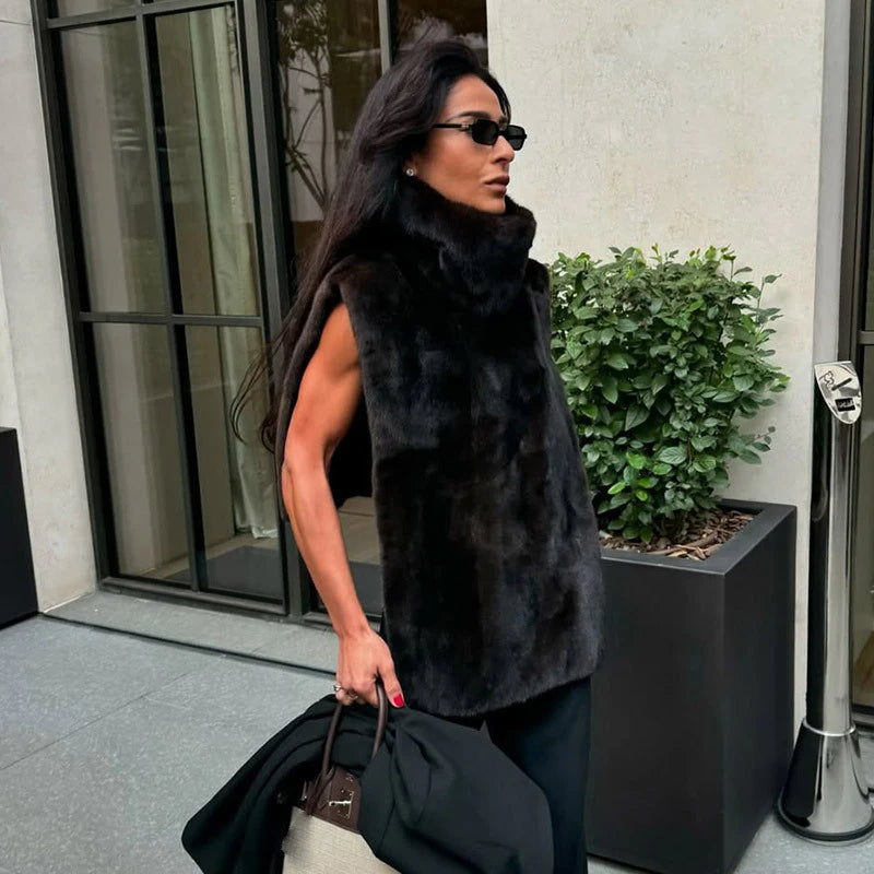 ZRTD Women's Faux Fur Patchwork Cropped Loose Lapel Jacket/Vest