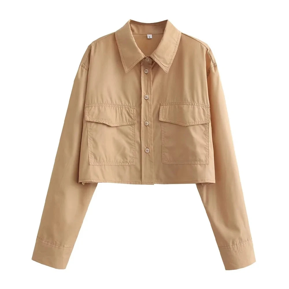 Women's Cropped Button-Up Blouse - Stylish Female Short Sleeve Shirt