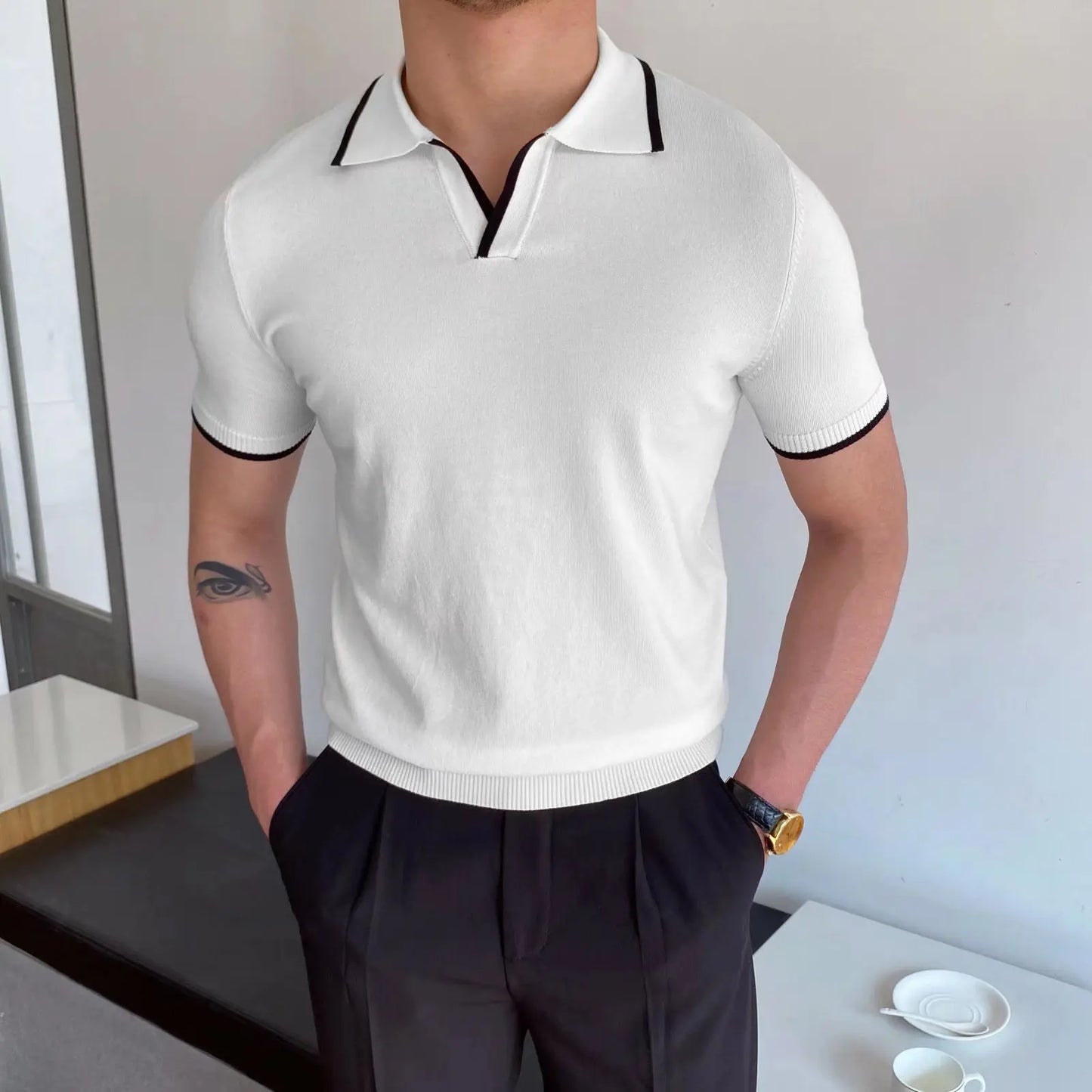 Men's Short Sleeve Polo Shirt with Turn-Down Collar