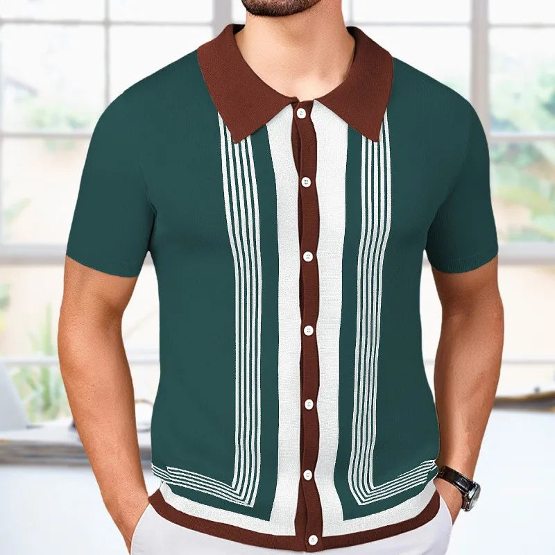 Men's Breathable Striped Knit Patchwork Polo Shirt - Short Sleeve Button-Up