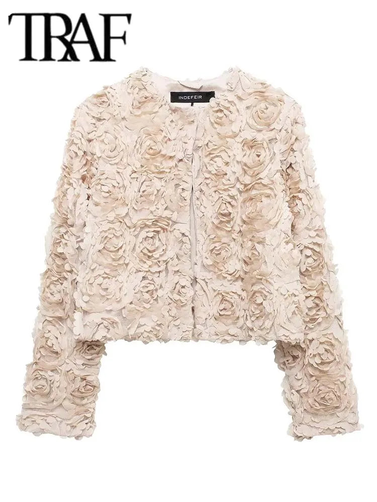 Beige floral lace jacket with 'TRAF' branding on a white background