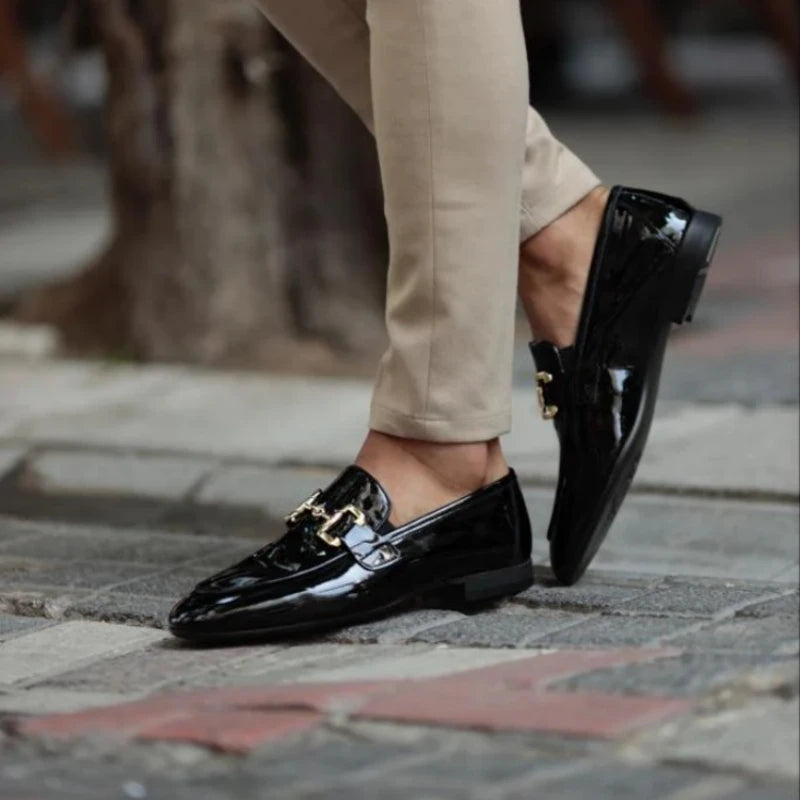 Men’s Pu Leather Loafers – Shiny Leather Slip-On Shoes with Round Toe
