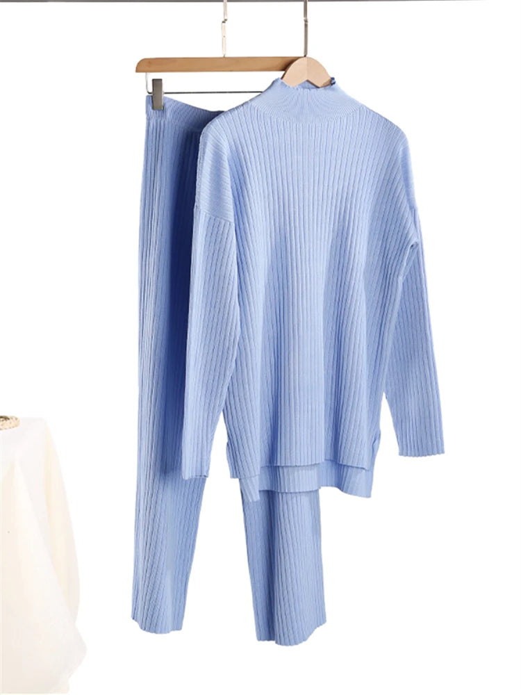 Women's 2 Piece Knitted Turtleneck Sweater & Straight Leg Pants Set