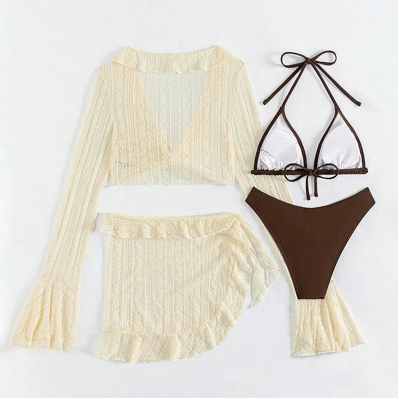Women's Four-Piece Long-Sleeve Cover-Up Swimwear Set - Stylish Bikini & Beach Cover-Up