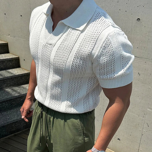 Men's Slim Fit Knitted Short Sleeve Mesh Polo Shirt with Lapel