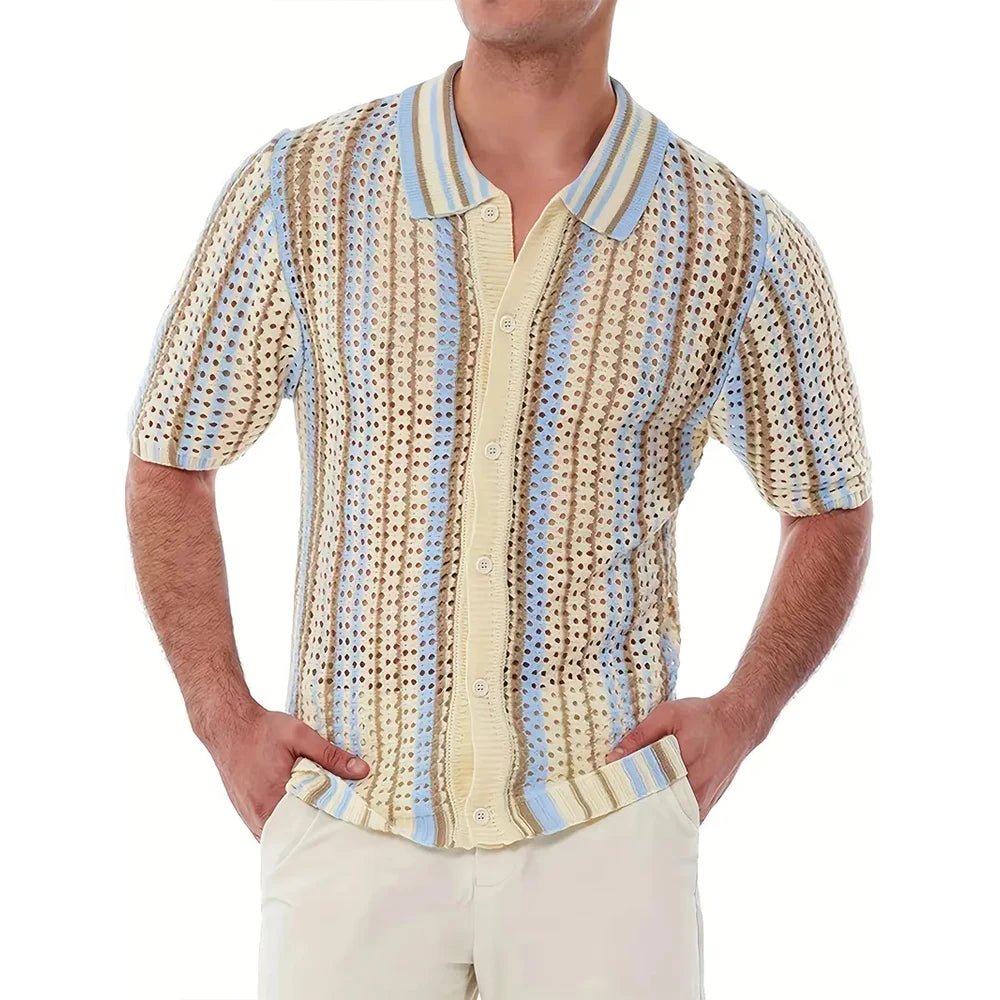 Men's Short Sleeve Mesh Lapel Shirt - Breathable & Stylish Men's Casual Top