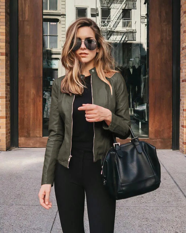 Women’s Stand Collar Faux Leather Jacket - Various Colors