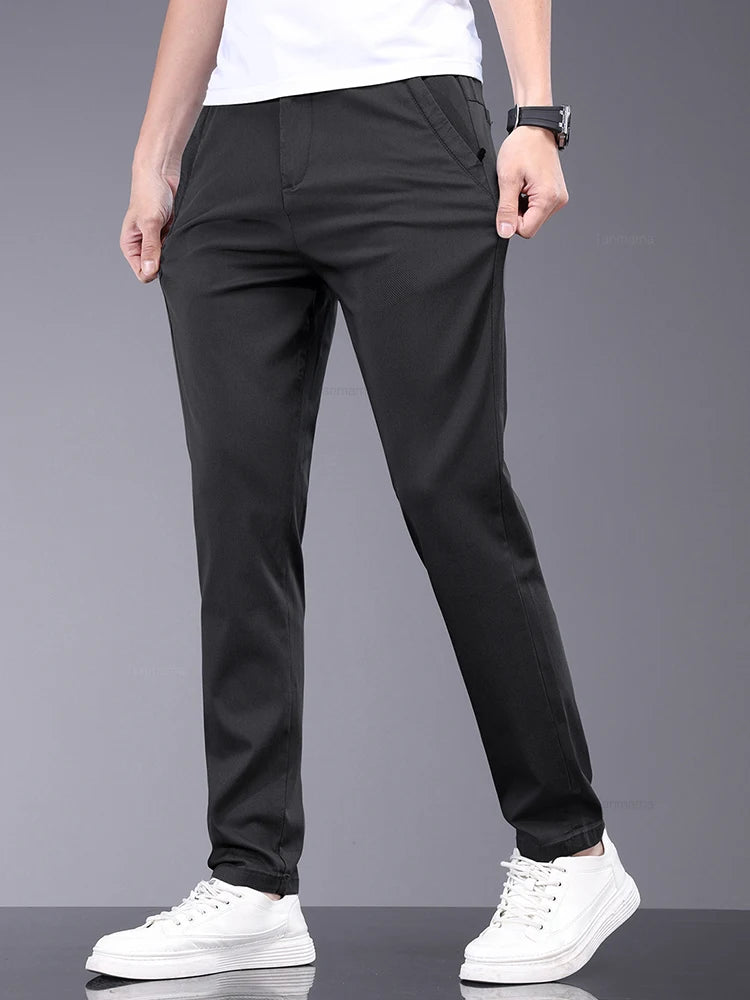 Men's Slim Straight Trousers - Soft, Thin, Bamboo Fiber Fabric with Elastic Stretch