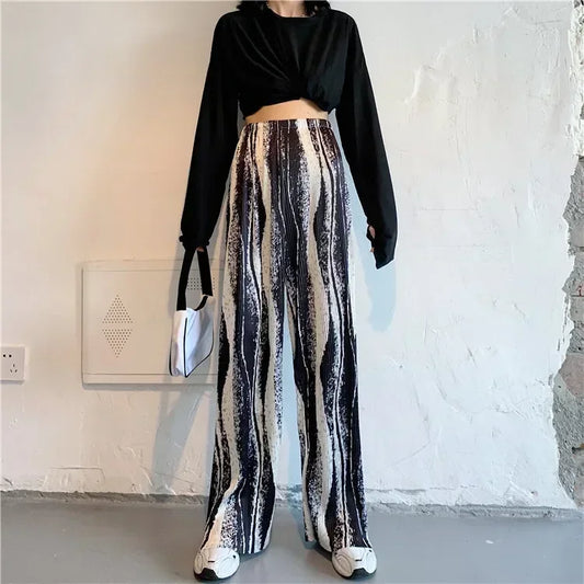 REALEFT Vintage High-Waist Printed Long Pants - Loose Wide Leg Fit