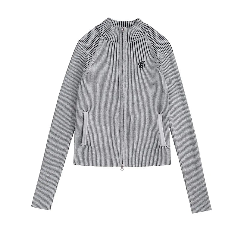 Women's Zipper Cardigan with Embroidery - Slim Fit Knitted Sweater Jacket for Women