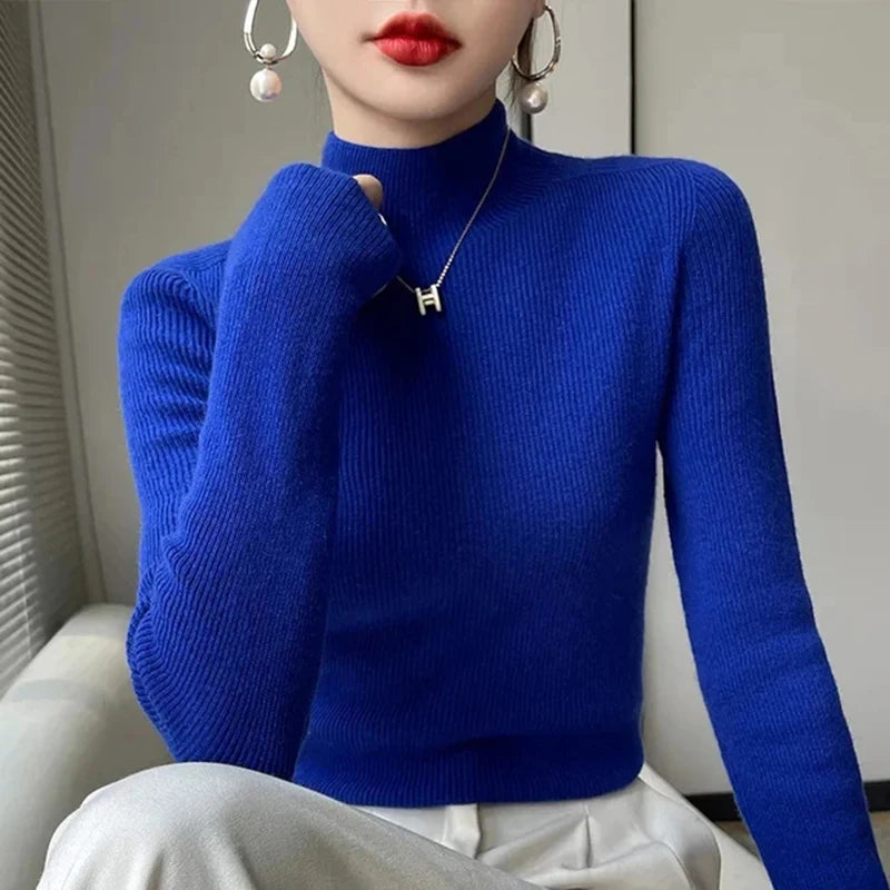 Ribbed Neck Sweater for Women - Fitted Knitted Pullovers
