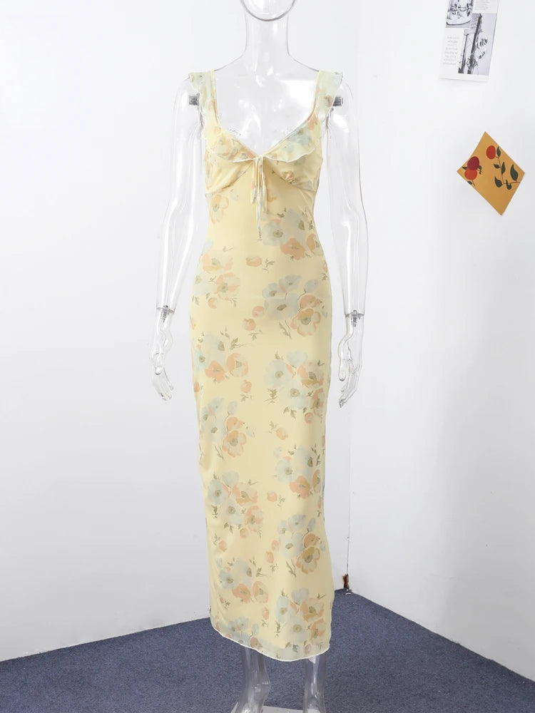 Flower Print Women's Backless Slim Fit Low-Cut Dress