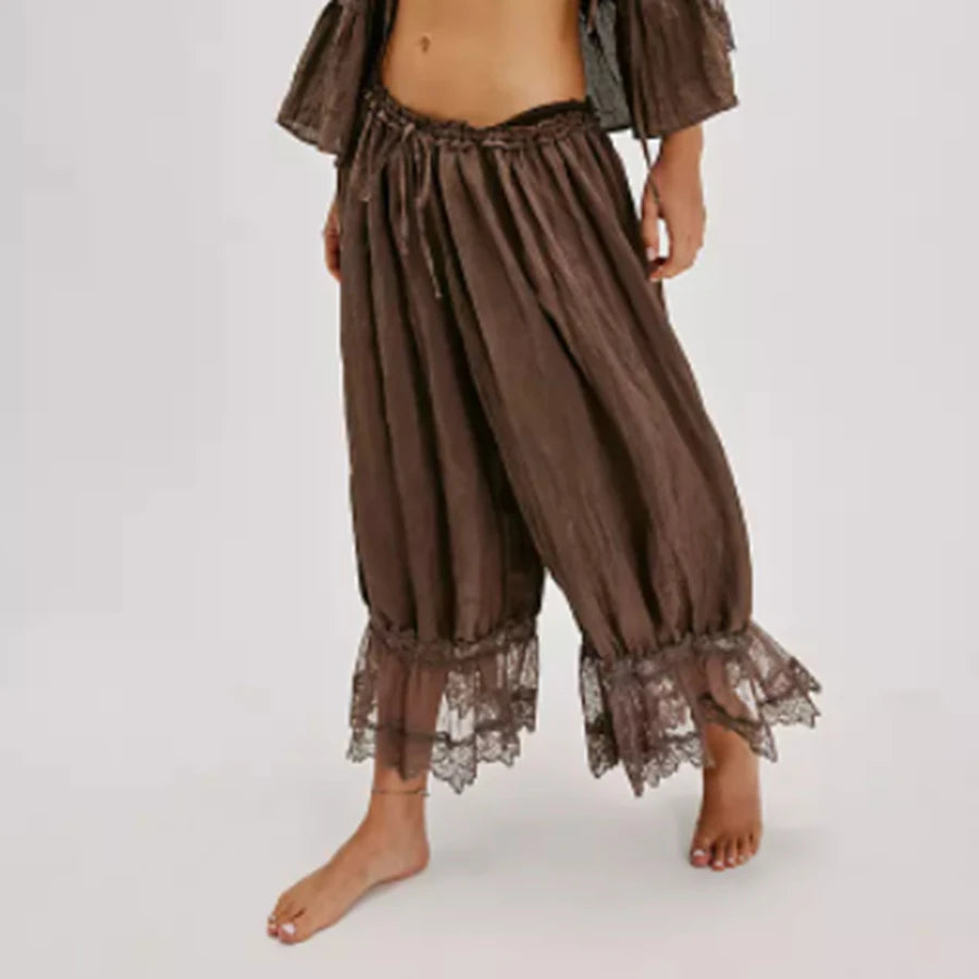Women's Floral Lace Loose Fit Cropped Pants - High Waist Drawstring Calf-Length Lantern Bloomers