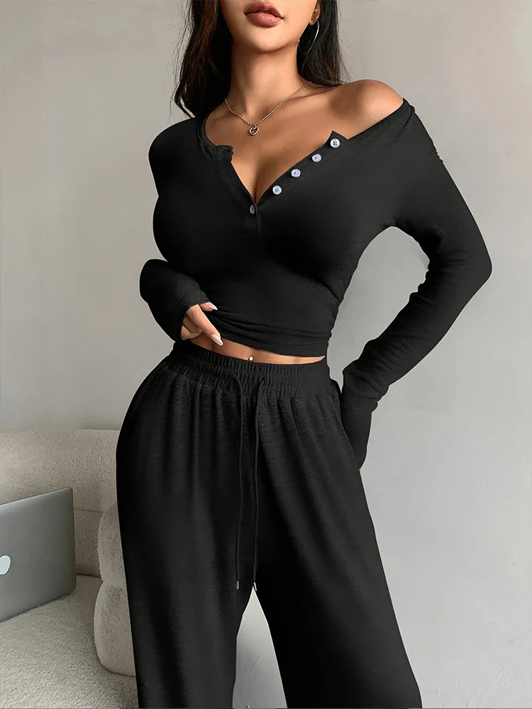 Women's Crop Top and Drawstring Pants Set - Two Piece Outfit