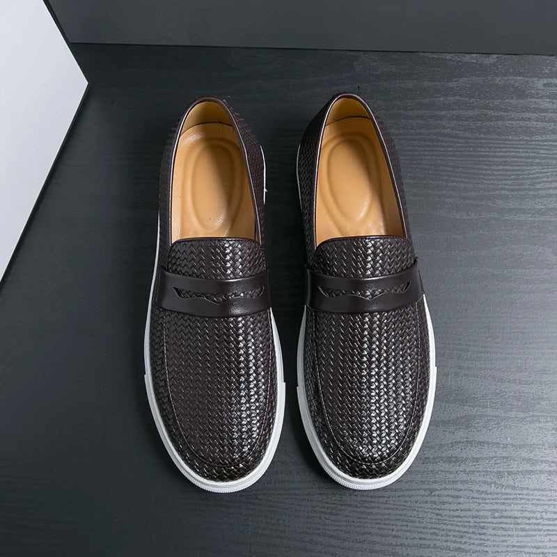 Men's Slip-On Loafers - Soft Leather Shoes with Elegant Weave Pattern