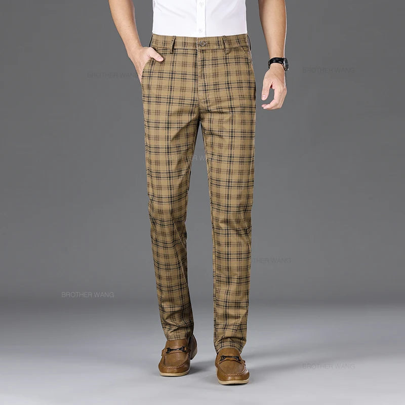 Slim Fit Cotton Plaid Stretch Trousers for Men